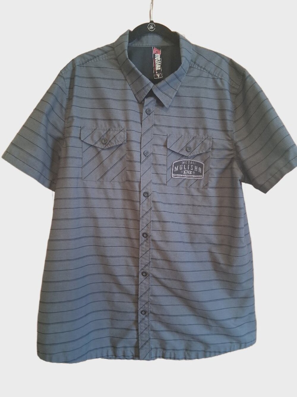 Metal Mulisha Men's Charcoal Gray Striped Short Sleeve Shirt Skull Patches 2XL
